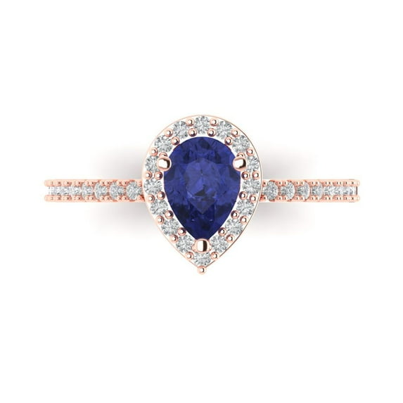 0.755 ct Pear Cut Simulated Tanzanite with Simulated Diamond Halo Accents 18K Rose Gold Womens Engagement Ring