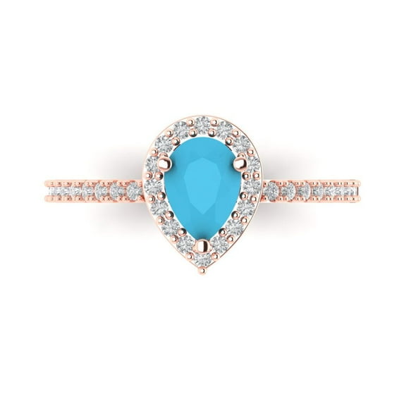 0.755 ct Pear Cut Simulated Turquoise with Simulated Diamond Halo Accents 18K Rose Gold Womens Engagement Ring
