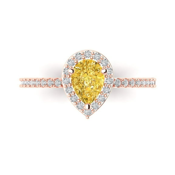 0.755 ct Pear Cut Simulated Yellow Diamond with Simulated Diamond Halo Accents 14K Rose Gold Womens Engagement Ring