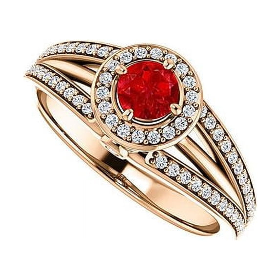 0.75CT Cubic Zirconia Ruby 3 Rows Split Shank 14K Rose Gold Vermeil Halo Ring, Size 6