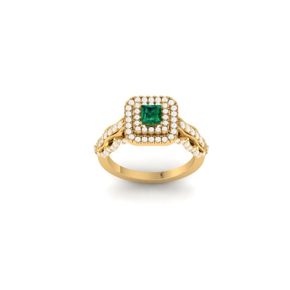 0.75CT Princess Cut Green Emerald Halo Moissanite Engagement Ring, 14K Yellow Gold Plated