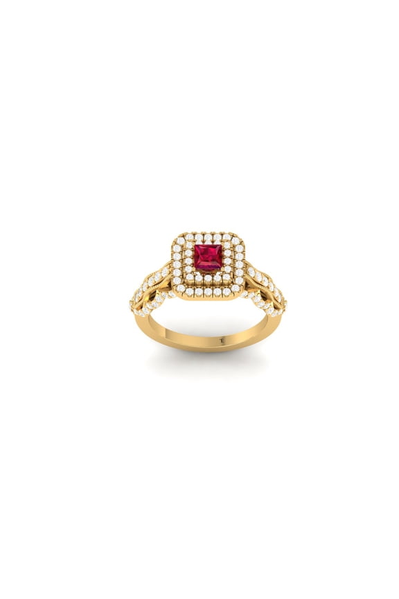 0.75CT Princess Cut Red Ruby Halo Moissanite Engagement Ring, 14K Yellow Gold Plated