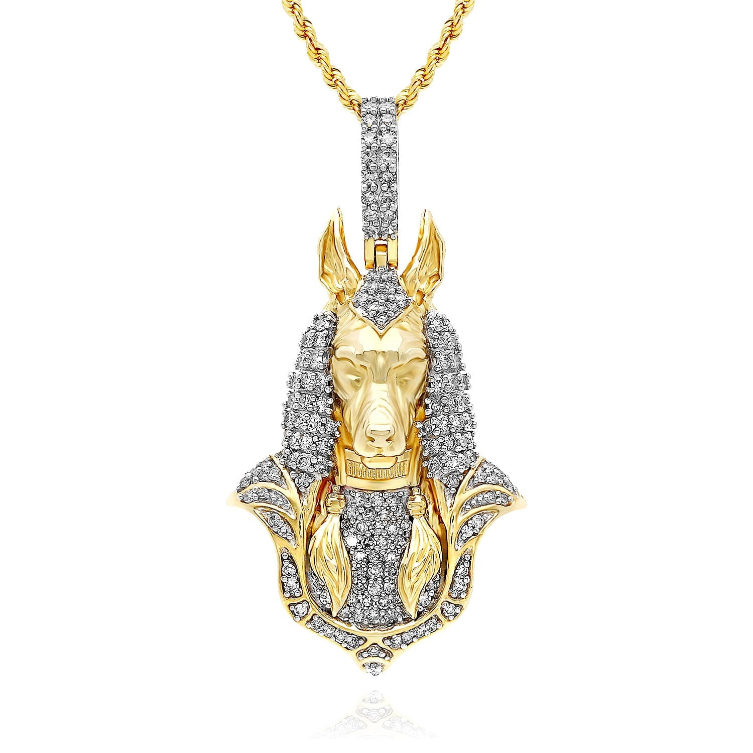 0.75CTW Natural Diamond 10K Yellow Gold Egyptian Anubis Charm Pendant 1.6