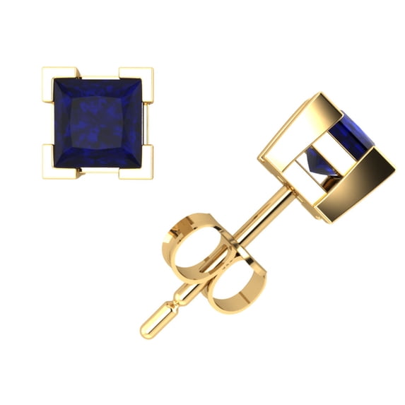 0.75Ct Princess Blue Sapphire Stud Earrings 14k Yellow Gold V-Prong Push Back AAA Quality