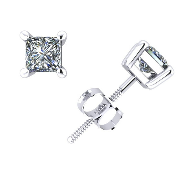 0.75Ct Princess Cut Diamond Basket Solitaire Stud Earrings 14k White Gold 4Prong K I2