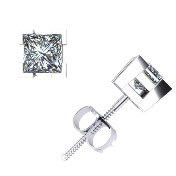 0.75Ct Princess Cut Diamond Basket Stud Earrings 14Kt White Gold V-Prong GH I1