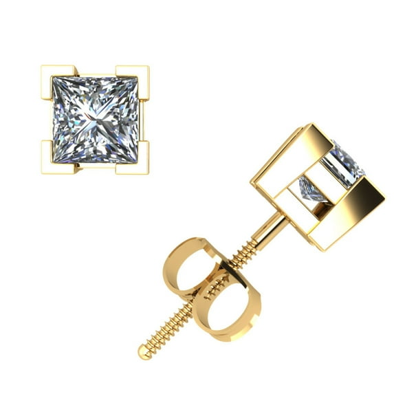 0.75Ct Princess Cut Diamond Basket Stud Earrings 14k Yellow Gold V-Prong G SI1