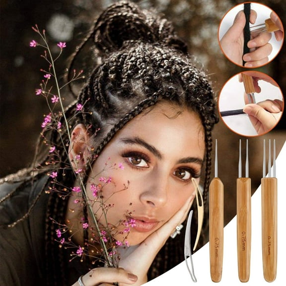 0.75mm Dreadlocks Crochet Hook Set, 3Pcs Bamboo Handle Interlocking Needles 1-2-3 Hooks Pack with 2 Hair Locking Threaders, Professional Reggae Sisterlocks Braid Wig Extension Weaving Piercing Tools