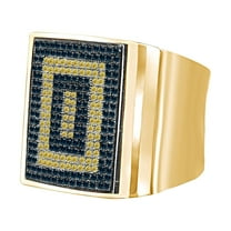 AFFY 0.76 Carat Round Yellow & Blue Natural Diamond Men's Anniversary Ring 14k Yellow Gold Over Sterling Silver Ring Size-9