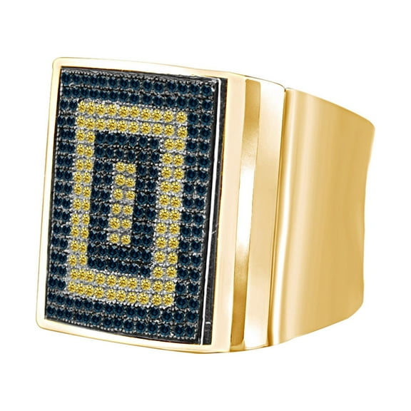 AFFY 0.76 Carat Round Yellow & Blue Natural Diamond Men's Anniversary Ring 14k Yellow Gold Over Sterling Silver Ring Size-9