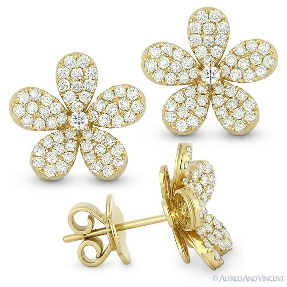 0.76ct Round Cut Diamond Pave Flower Earrings in 14k Yellow Gold