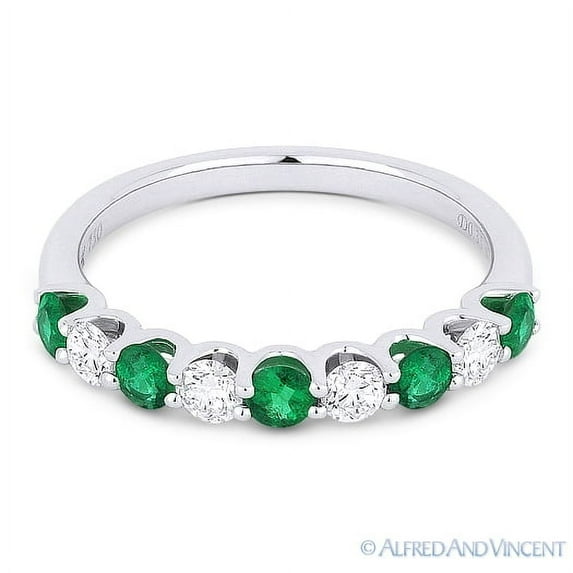 0.77ct Emerald & Diamond Stackable Anniversary Ring / Wedding Band in 18k White Gold
