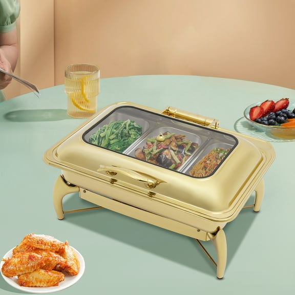 0.79Gal 3-Tier Buffet Warmer Gold Plated 201 Stainless Steel, Glass, Alcohol Fuel Restaurant