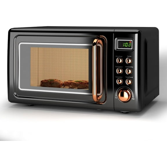 0.7Cu.ft Retro Small Microwave Oven, 700W Compact Countertop Microwave with 5 Power Levels, Auto Cooking Menus, Glass Turntable, Child Lock & Glass Turntable for Apartment, Dorm (Golden)