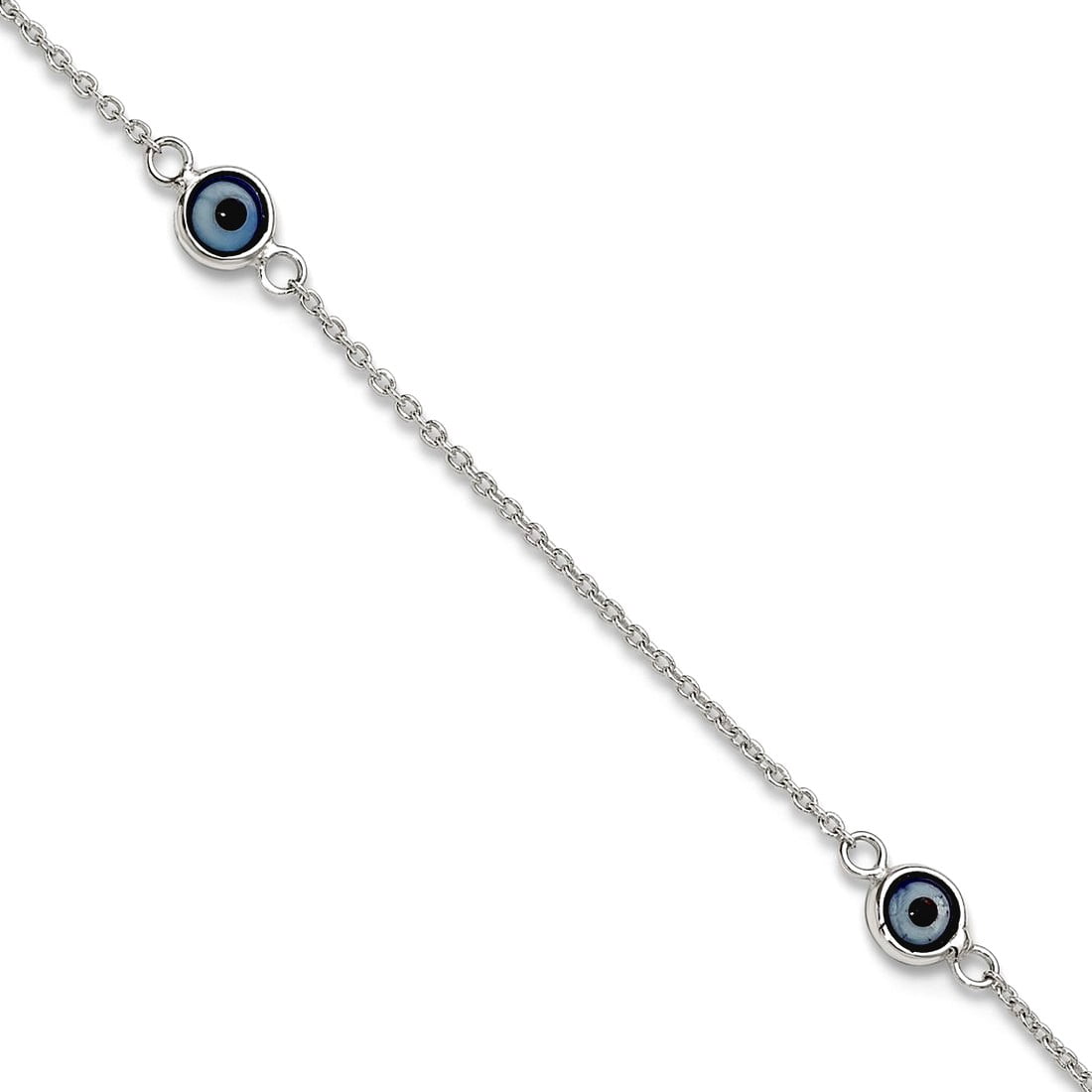 0.7mm 925 Sterling Silver Polished and Glass Evil Eye Plus 1in Extension Anklet 9 Inch Anklet for Women