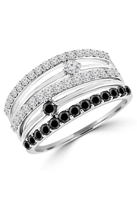 0.8 CTW 5-Row Black & White Diamond Fashion Cocktail Ring in 14K White Gold - Size 5.5