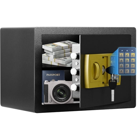RIFLEWELL 0.8 Cub Safe Box - Small Home Safe for Money Jewelry Documents, Security Safe Box, Solid Steel Lock Box with Digital Electronic Security Keypad for Home Office Hotel (Black Gold)