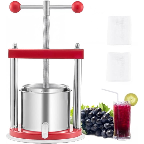 0.8 Gal/3L Fruit Wine Press, 2 Stainless Steel Barrels, Manual Juice Maker, Cider Apple Grape Tincture Honey Olive Oil Making Press with T-Handle for Outdoor Kitchen Home