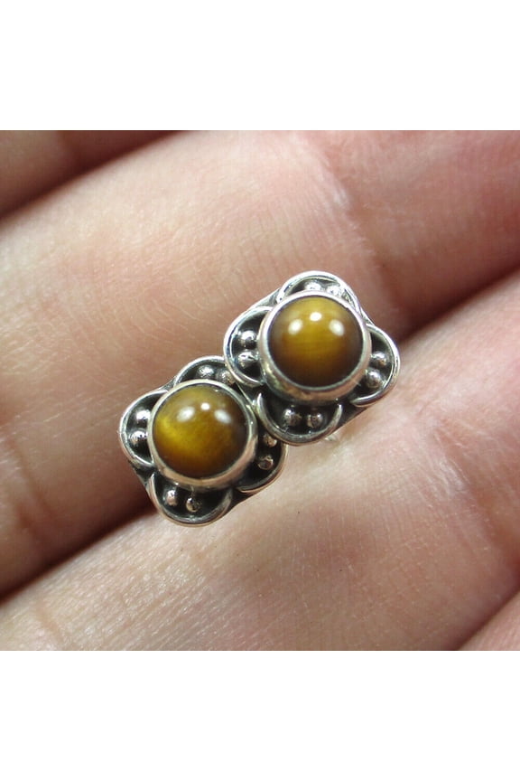 0.8 Grams Brown Color Natural Tiger's Eye Gemstone, 925 Pure Solid Silver Stud Earrings