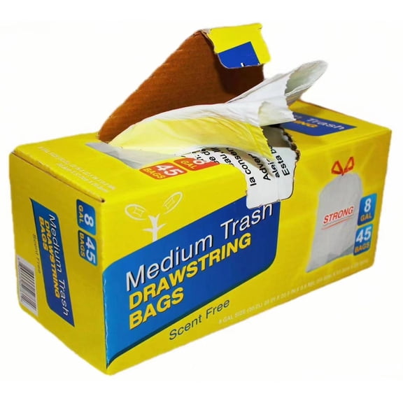 0.8 Mil Ultra Strong 8 Gallon Drawstring Trash Bags, Medium Garbage bags for Bathroom, Bedroom, Office