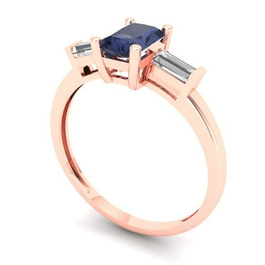 0.8 ct Brilliant Emerald Cut VVS1 Blue Sapphire 14k Rose Solid Gold Three-Stone Wedding Bridal Anniversary Engagement Ring size 7.75