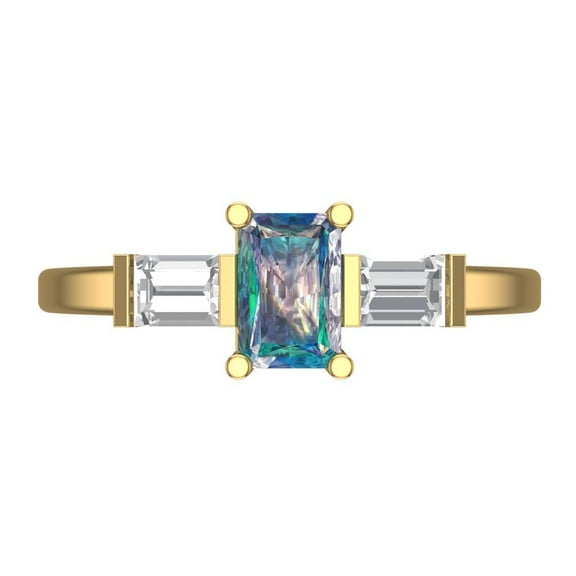 0.8 ctw 3 Stone Anniversary Ring for Women | Emerald Cut Blue Moissanite | Hyperallergenic Solid 18K Yellow Gold