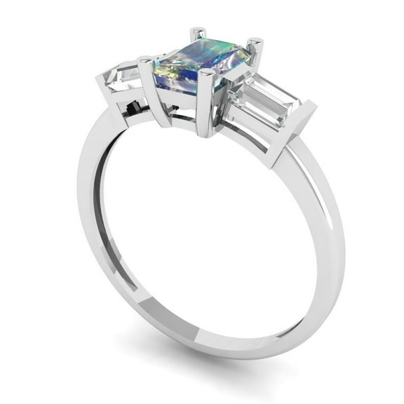 0.8 ct Emerald Cut Blue Moissanite Three-Stone Engagement Ring for Women in 18K White Gold