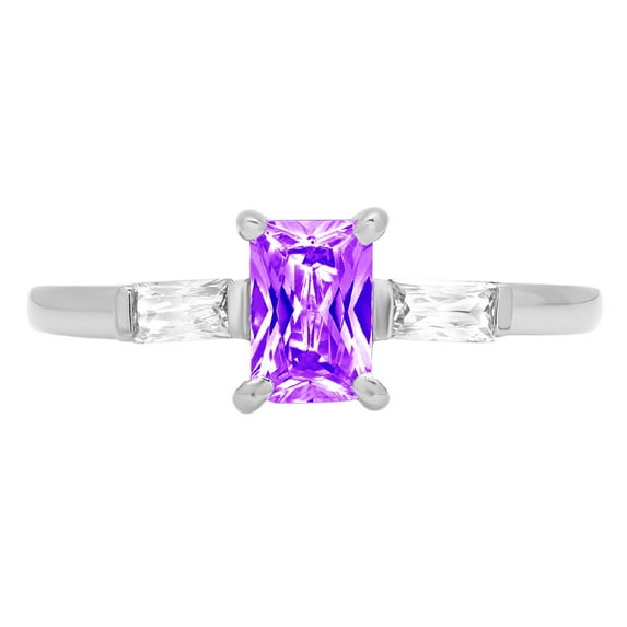 0.8 ct Emerald Cut Natural Amethyst 3 Stone 18K White Gold Womens Engagement Ring
