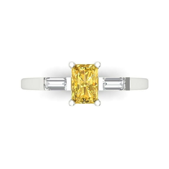 0.8 ct Emerald Cut Natural Citrine 3 Stone 18K White Gold Womens Engagement Ring