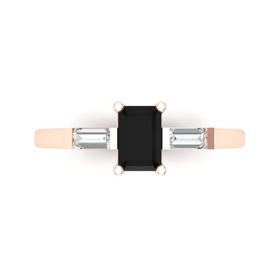 Clara Pucci 14K Rose Gold Solid Gold Onyx Three-Stone Anniversary Ring for Women - 0.8 cttw Emerald Cut