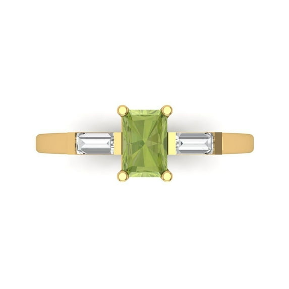 0.8 ct Emerald Cut Natural Peridot Three-Stone Engagement Ring for Women in 18K Yellow Gold