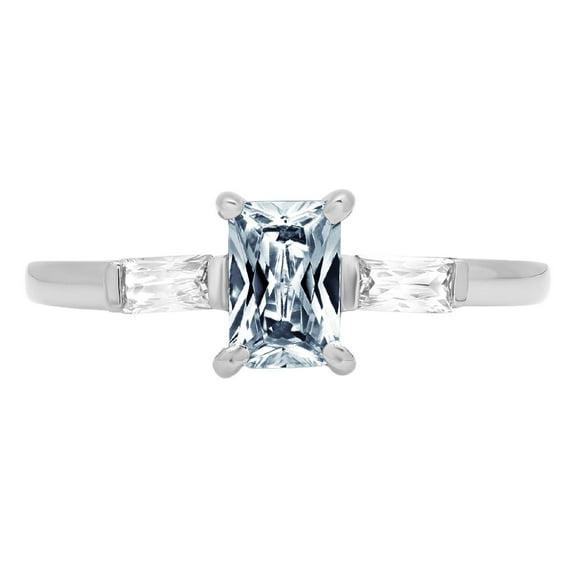 0.8 ct Emerald Cut Natural Swiss Blue Topaz 3 Stone 18K White Gold Womens Engagement Ring