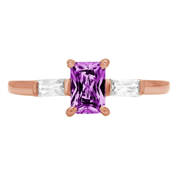 0.8 ct Emerald Cut Simulated Alexandrite 3 Stone 18K Rose Gold Womens Engagement Ring