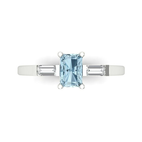 Clara Pucci 14K White Gold Solid Gold Blue Three-Stone Anniversary Ring for Women - 0.8 cttw Emerald Cut