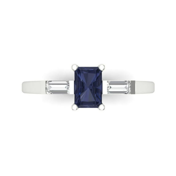 0.8 ctw 3 Stone Anniversary Ring for Women | Emerald Cut Simulated Blue Sapphire | Hyperallergenic Solid 18K White Gold