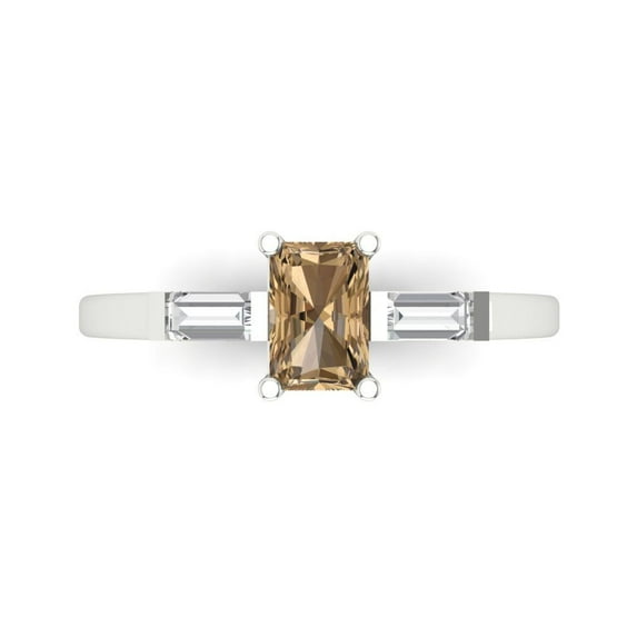 Clara Pucci 14K White Gold Solid Gold Champagne Three-Stone Anniversary Ring for Women - 0.8 cttw Emerald Cut