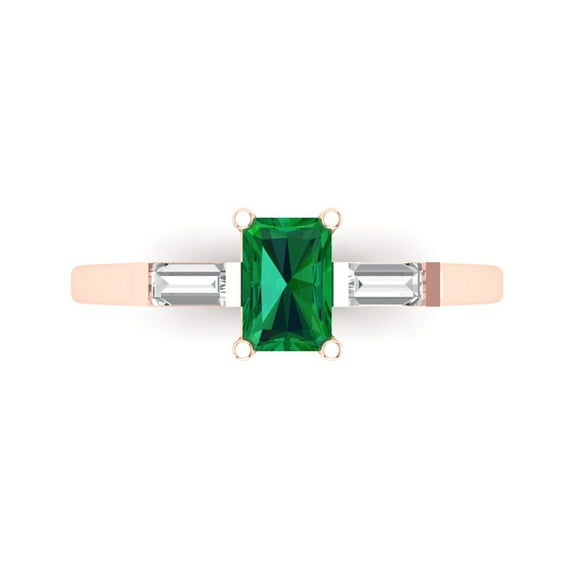 0.8 ct Emerald Cut Simulated Emerald 3 Stone 18K Rose Gold Womens Engagement Ring