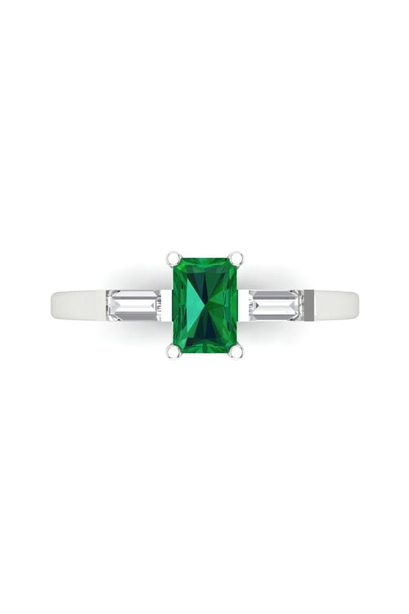 0.8 ct Emerald Cut Simulated Emerald Three-Stone Engagement Ring for Women in 14K White Gold