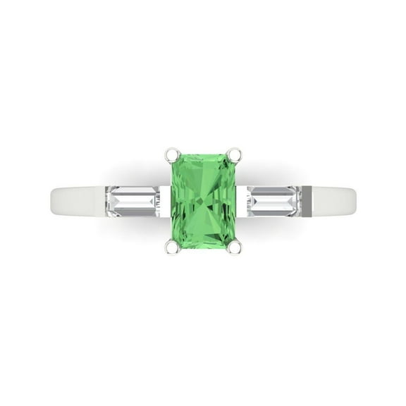 0.8 ct Emerald Cut Simulated Green Diamond 3 Stone 14K White Gold Womens Engagement Ring
