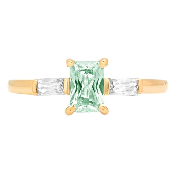 0.8 ct Emerald Cut Simulated Green Diamond 3 Stone 14K Yellow Gold Womens Engagement Ring