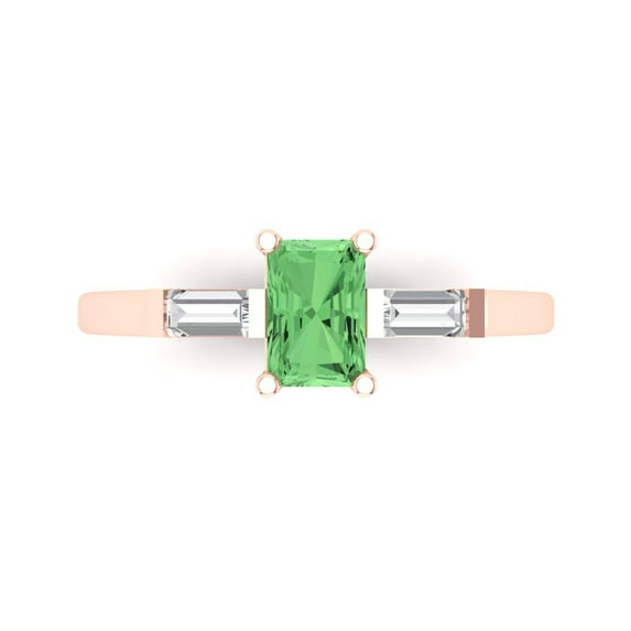 0.8 ct Emerald Cut Simulated Green Diamond 3 Stone 18K Rose Gold Womens Engagement Ring