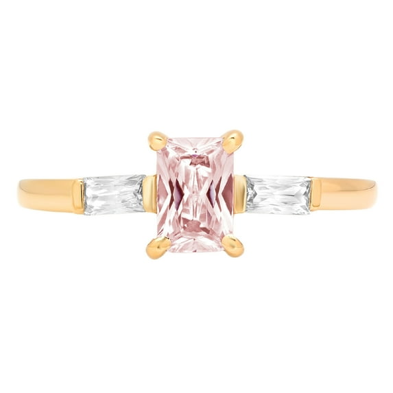 0.8 ct Emerald Cut Simulated Pink Diamond 3 Stone 14K Yellow Gold Womens Engagement Ring