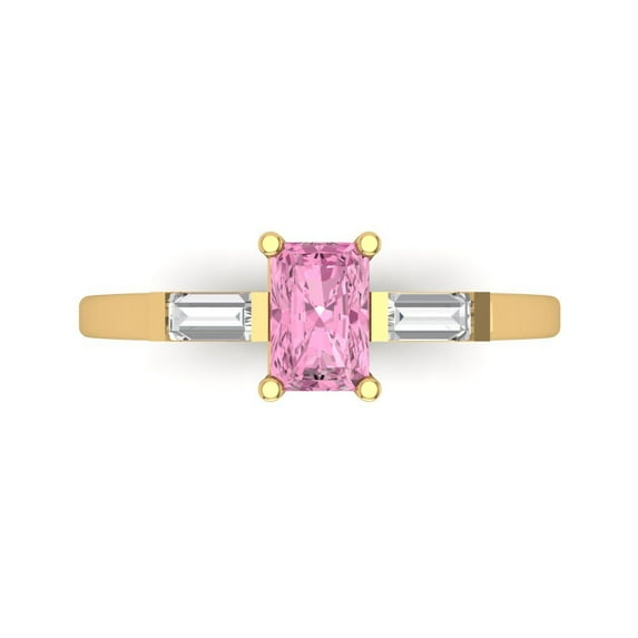 0.8 ctw 3 Stone Anniversary Ring for Women | Emerald Cut Simulated Pink Diamond | Hyperallergenic Solid 18K Yellow Gold