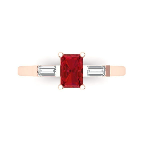 0.8 ct Emerald Cut Simulated Ruby 3 Stone 18K Rose Gold Womens Engagement Ring