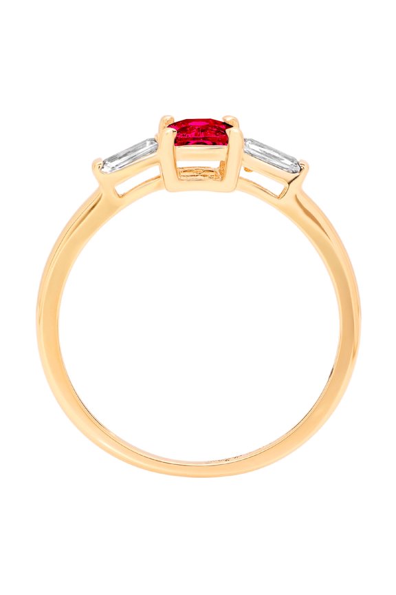 0.8 ct Emerald Cut Simulated Ruby Three-Stone Engagement Ring for Women in 18K Yellow Gold