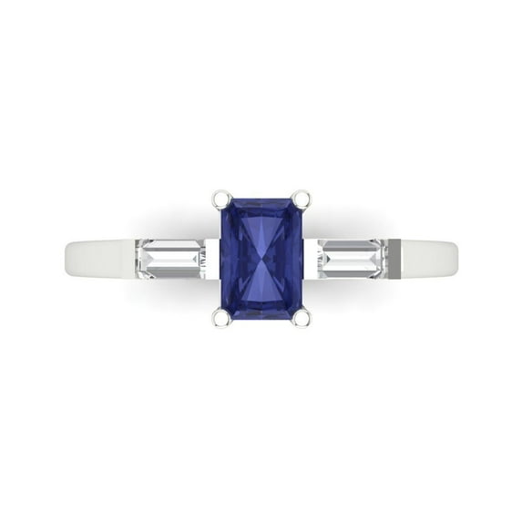 0.8 ct Emerald Cut Simulated Tanzanite Three-Stone Engagement Ring for Women in 18K White Gold