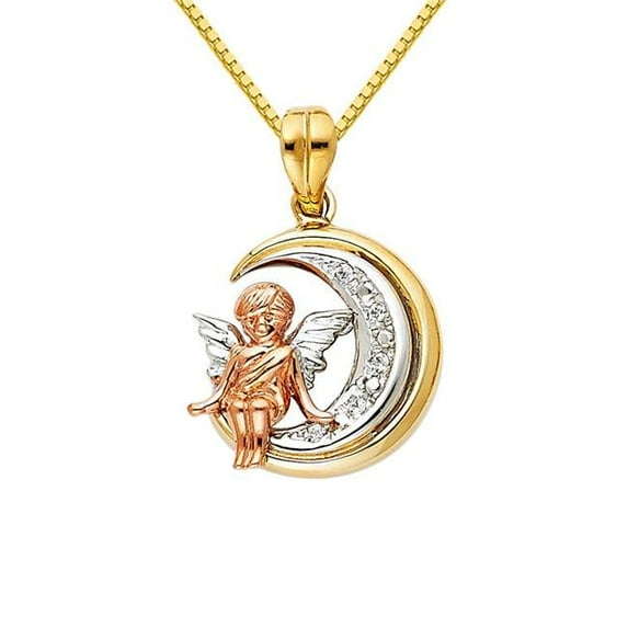 0.8 mm 14k Tri-tone Gold Cubic Zirconia Angel & Moon Pendant with Box Chain