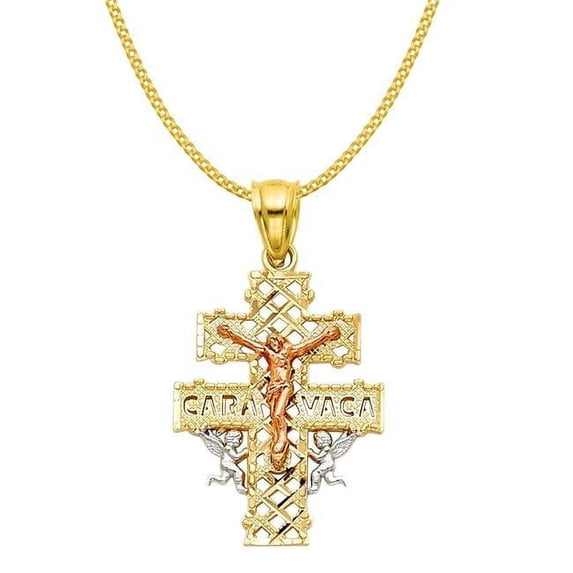 0.8 mm 14k Tri-tone Ornate Caravaca Cross Pendant with Square Wheat Chain