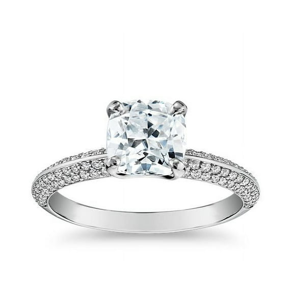 0.80 Carat Brilliant Cushion Cut Real Diamond Elegant Solitaire with Accents Wedding Ring for Women Solid 18K White Gold Size 10