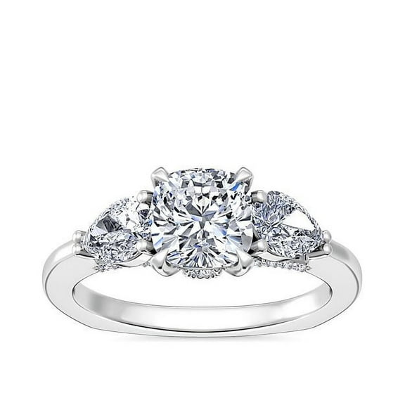 0.80 Carat Clarity-VS1 Cushion Cut Real Diamond Unique Three Stone Bridal Ring for Women Solid 14K White Gold Size 7